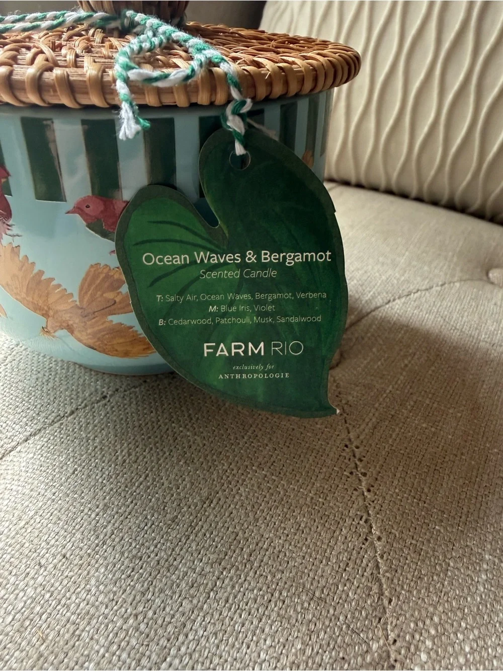 Anthropologie x FARM RIO Ocean Waves & Bergamot Ceramic Candle with Woven Lid